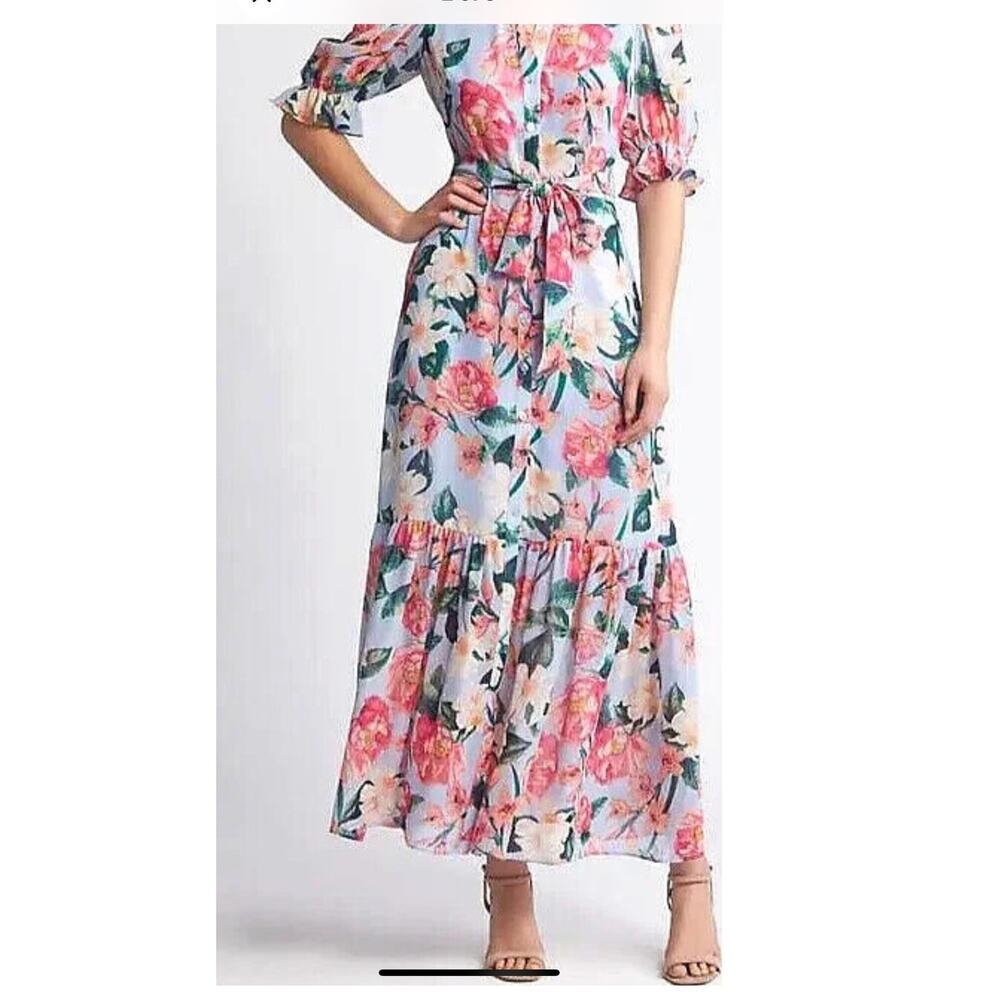 Eliza J Floral blue cottagecore tiered button front maxi dress size 2